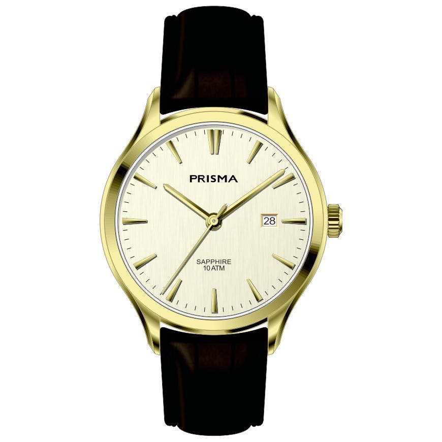 Prisma horloge 2005 heren edelstaal saffierglas 10 ATM

Algemeen
Geslacht: heren
Model: P.2005

 Voordelen
- band echt leer bruin
- wijzerplaat goudkleurig met goudkleurige streepjes
- boven gem. waterdicht: zwemmen/duiken
- glas is zeer krasvast
- datum
- quartz
- maat kast 37,7mm (breedte) 8,08mm (dikte)
