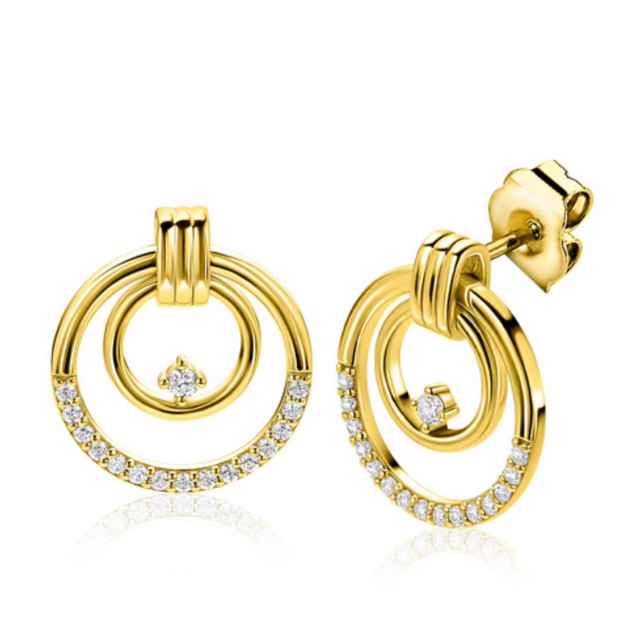 ZINZI goldplated zilveren luxe oorstekers 21mm met elegante dubbele ronde ringen, speels bezet met witte zirkonia's ZIO2819 