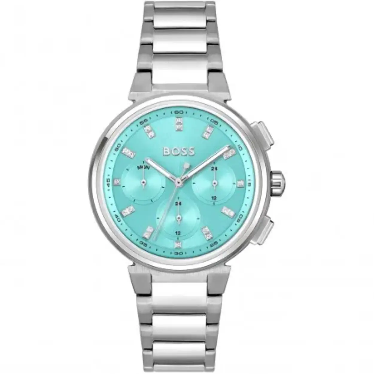 Dit BOSS horloge behoort tot de One collectie.
Referentienummer: HB1502763

Dit BOSS horloge heeft een stijlvolle look. Zeer geschikt voor de moderne stijlvolle vrouw van nu. Het dameshorloge valt op door zijn stalen ronde horlogekast met een gladde bezel en een turquoise sunray wijzerplaat met dag, datum, en 24-uursaanduiding. Aan de kast zit een stalen schakelband met vouwsluiting. De kast van het horloge heeft een doorsnee van 38mm met mineraalglas en is 3ATM. 
