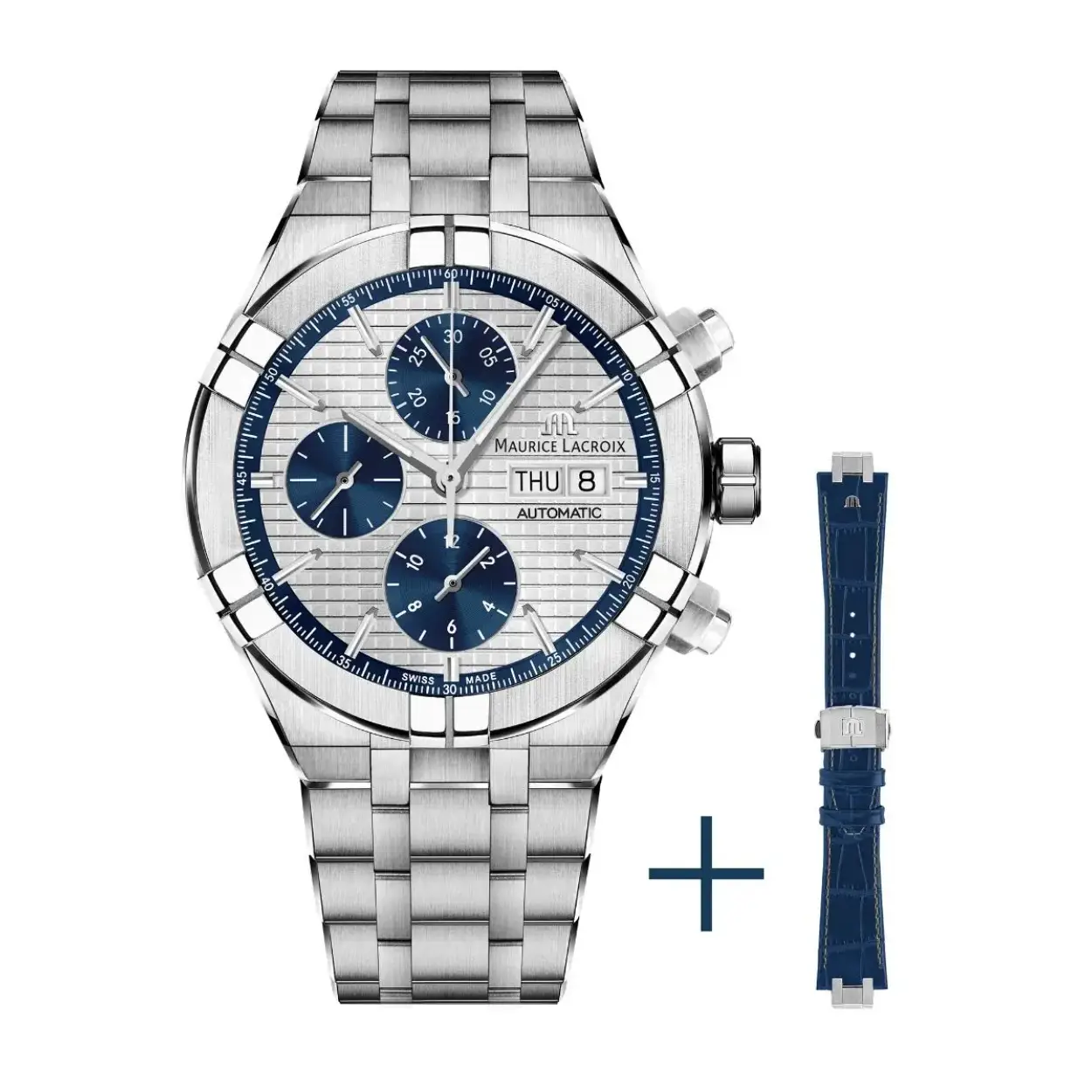 Het horloge wordt geleverd met een blauwe kalfsleren wisselband. Deze heeft een stalen vouwsluiting.. De banden kunt u zelf thuis eenvoudig verwisselen.

Uurwerk: Mechanisch  
Opwinden: Automatisch
Kaliber/uurwerk: ML112
Gangreserve: 48 h
Aantal jewels: 25
Frequentie: 28800 A/h
Decoraties: Perlage & Verticale Côtes de Genève op bruggen en rotor

HORLOGEKAST
Materiaal horlogekast Staal
Diameter 44 mm
Waterdicht 20 ATM
Materiaal lunette Staal
Glas: Saffierglas
Wijzerplaat: Zilverkleurig & blauw
Uurmarkeringen: Geen cijfers

HORLOGEBAND
Materiaal horlogeband Staal
Kleur horlogeband Staal
Sluiting Dubbele vouw
Materiaal sluiting: Staal

FUNCTIES
Chronograaf, datum, dag

OVERIG
Kleine seconde, Lichtgevende indexen
