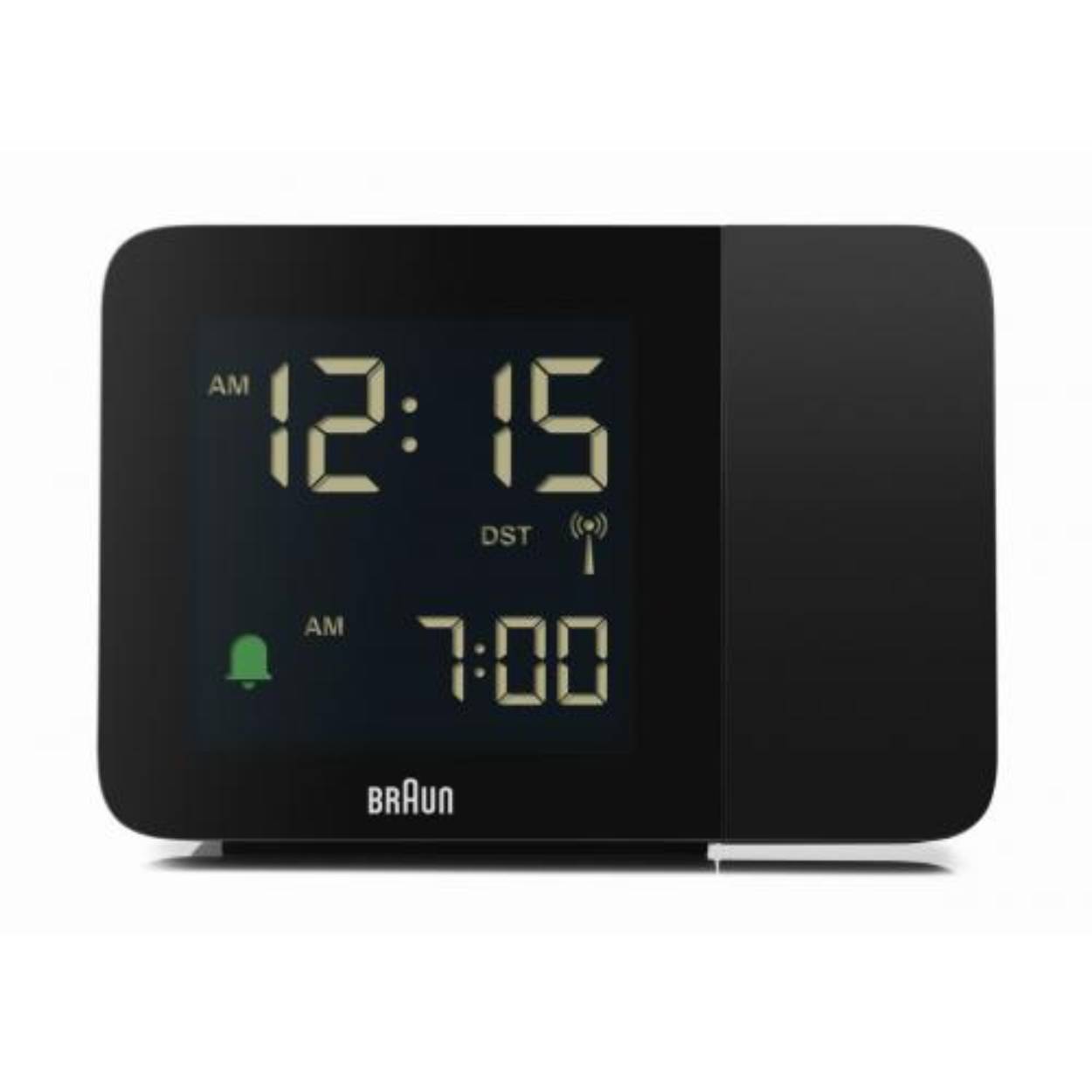 Digitale LCD wekker van het merk Braun
Radio gestuurd
Met tijdprojectie op muur of plafond 
De projectie wordt geactiveerd door met je hand over de sensor te gaan.
Bij gebruik van de bijgeleverde power adapter, heeft de gebruiker de mogelijkheid om de tijdprojectie permanent aan te zetten.
Crescendo alarm
12/24 uur display
Kleur: zwart
Afmetingen: 9 cm x 13 cm x 4,9cm