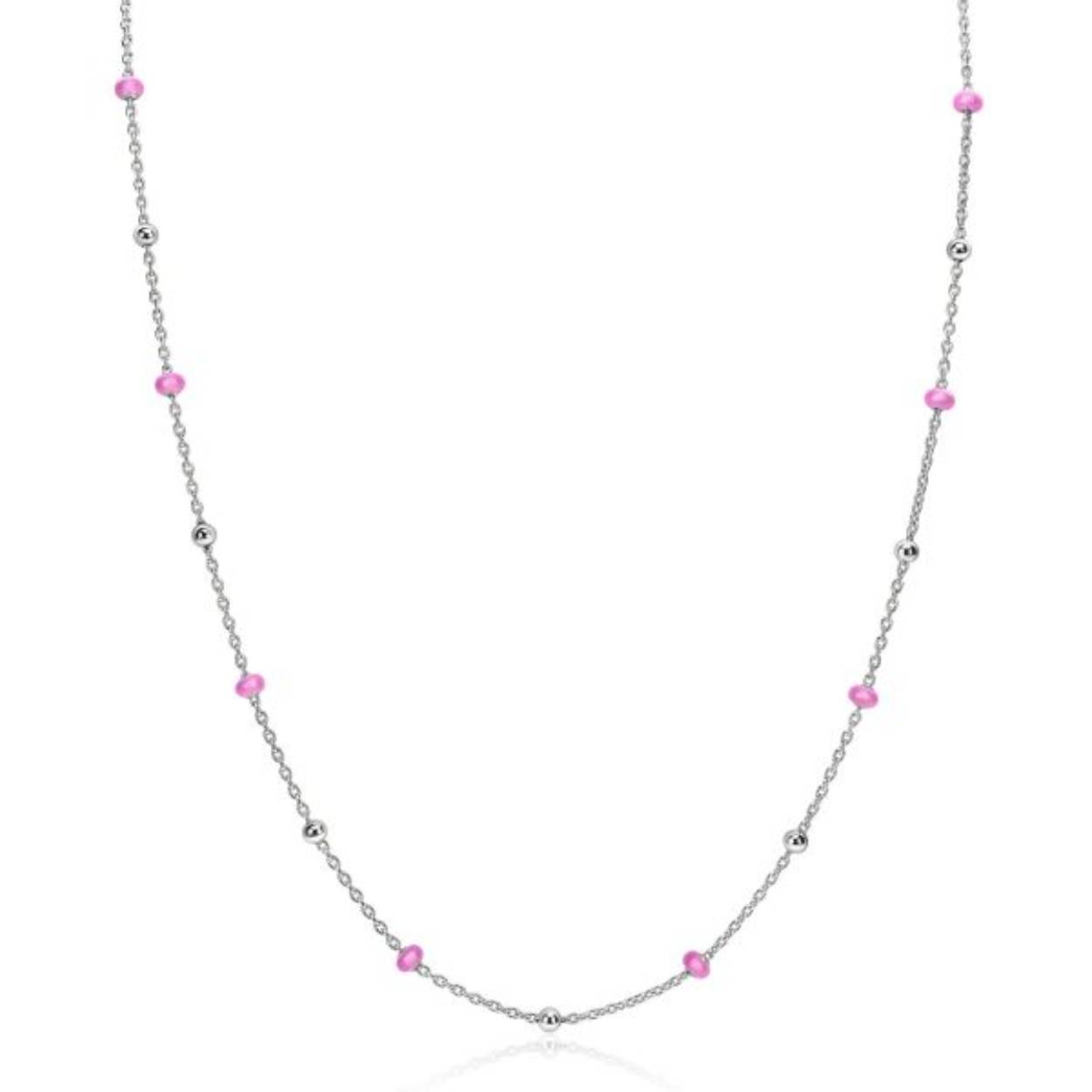 ZINZI zilveren fantasie ketting met glanzende zilveren bolletjes en 13 roze donuts (3mm breed). De lengte van de ketting is te variëren tussen 42 en 45cm. De ketting is vervaardigd van eerste gehalte zilver (925) en extra gerodineerd.