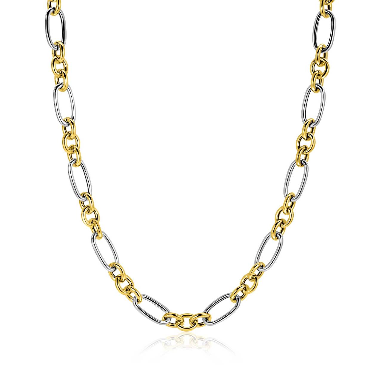 ZINZI bicolor schakelketting met gold plated zilveren jasseron schakels en zilveren ovale schakels 7mm breed. Combineer de ketting met de bijpassende armband en maak gemakkelijk een chique look. De lengte van de ketting is 45cm. De ketting is vervaardigd van eerste gehalte zilver (925) en extra geel verguld.