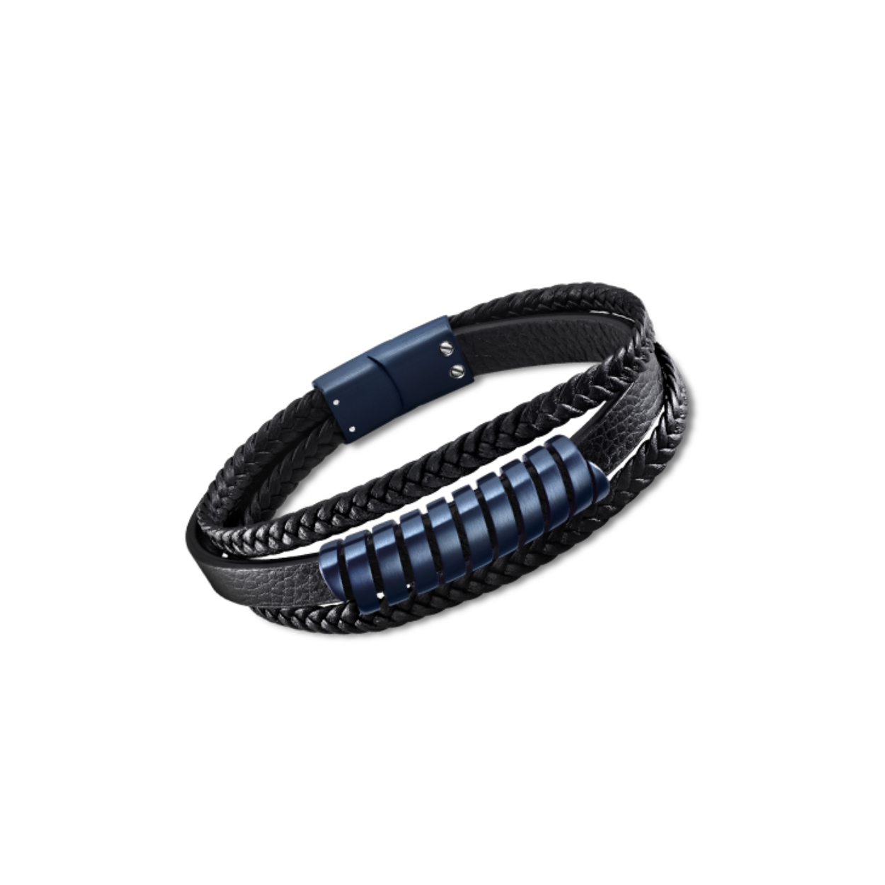 Armband heren staal/leder blauw