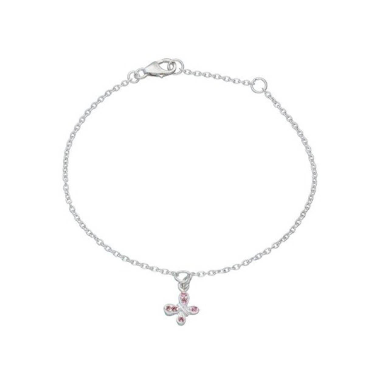 Zilveren kinder armband, roze vlinder. 14-16cm