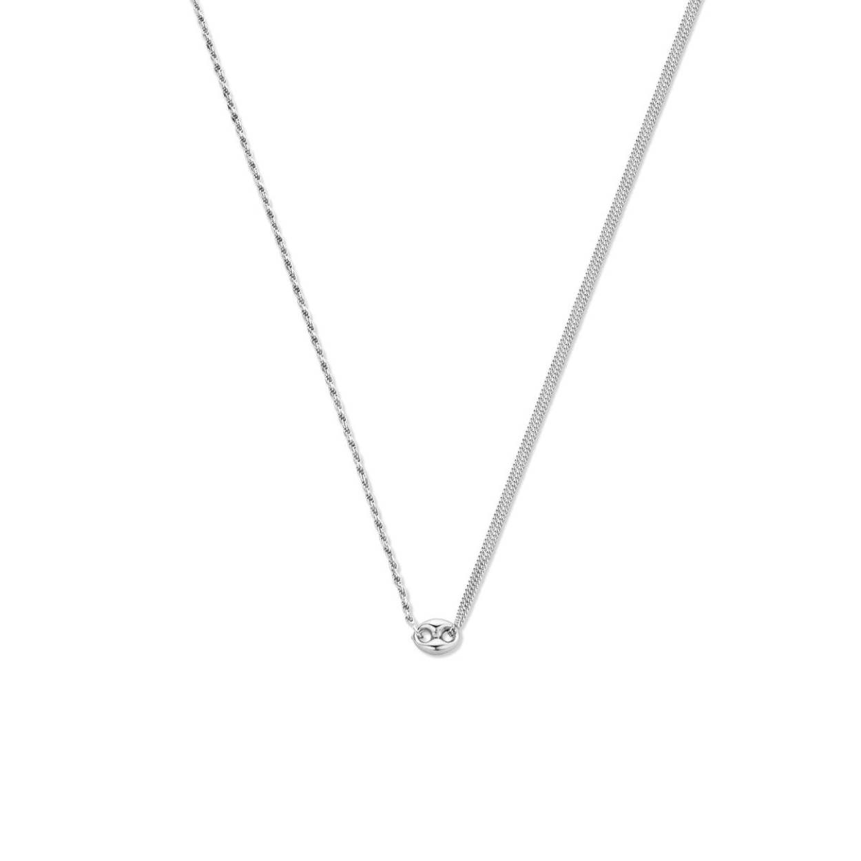 Gerhodineerd 925 zilveren collier met een schakelachtig element van 8.5x11mm. Het collier heeft draaglengte van 41cm en een extensie van 4cm. Uitgevoerd met een karabijn sluiting.