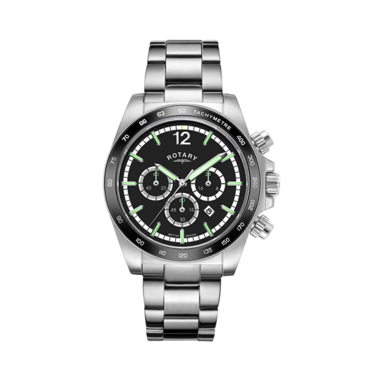 This Henley Chronograph features a quartz movement and sapphire glass in a 41mm stainless steel case. Full chronograph functionality and a date display. A black dial matches the black bezel, showcasing the light blue baton indices, the white Arabic numeral at 12 o'clock and date window. The timepiece is further complemented by stop/start buttons, a screw down crown and stainless steel bracelet. Water resistant to 100m.