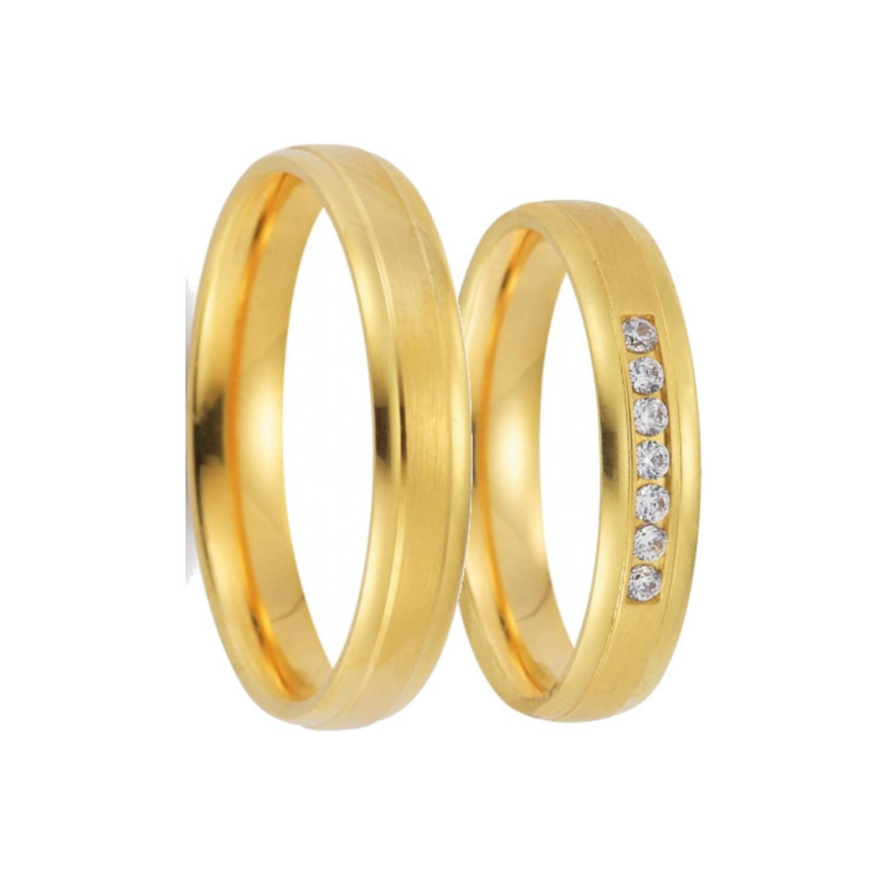 585 geelgouden trouwringen, mat/glimmend. 4 mm breed. De damesring is gezet met totaal 0.105crt briljant, 7 steens