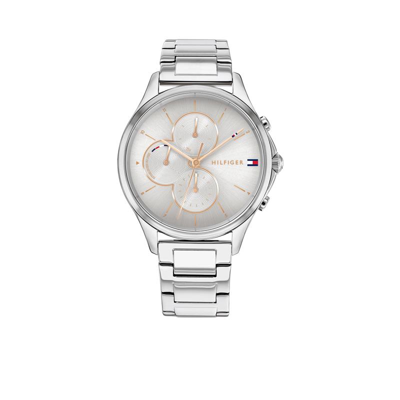Dit mooie horloge van Tommy Hilfiger de TH1782263 is een horloge met een Quartz uurwerk. Het horloge heeft een diameter van 38 mm, en is 9 mm dik. De weergave van de tijd is Analoog. Verder is het horloge voorzien van een Mineraal horlogeglas. Het horloge is 3 bar (spatwaterdicht) waterdicht, en heeft een band van Roestvrij Staal in de kleur Zilver