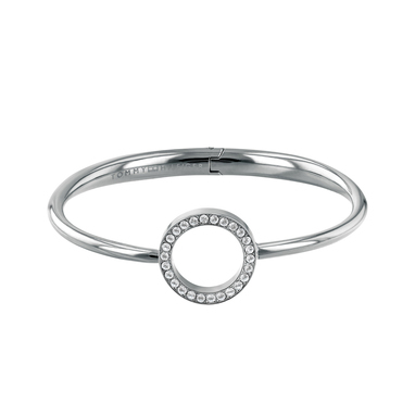 Elegant BANGLE-ARMBAND uit de trendy Tommy Hilfiger collectie. De armband van zilverkleurig staal is afgewerkt met heldere steentjes in een ronde, open cirkel. De armband sluit middels een SCHARNIERSLUITING. De armband heeft een afmeting van 65 mm, geschikt voor een polsmaat 19-20 cm.