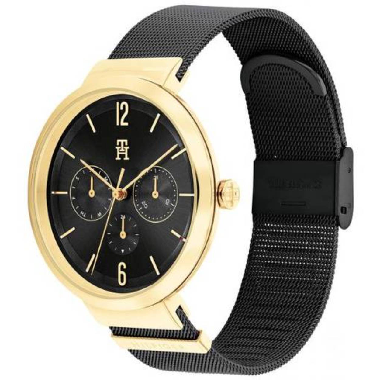 Dit prachtige Tommy Hilfiger horloge van de serie Lidia heeft een platte goud-kleurige kast en een zwarte wijzerplaat. De goud-kleurige details op de zwarte milanese band maken dit horloge helemaal af.

Op Tommy Hilfiger horloges zit standaard 2 jaar internationale garantie op het quartz uurwerk.