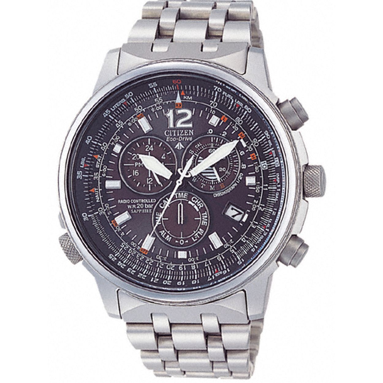 Radiocontrolled chrono/alarm staal/Titanium heren brac. saffierglas 200m WR