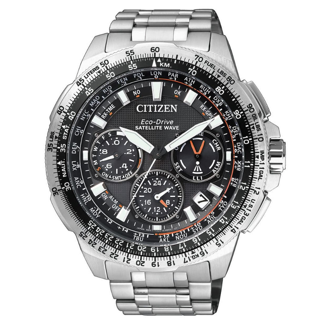 Titanium heren brac. GPS Satellite Wave F900 Multi functioneel Dual Time en chronograaf + alarm eeuwigdurende kalender en ontspiegeld saffierglas 100m WR