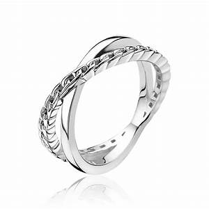 ZINZI zilveren cross-over ring, waarbij de gladde band en de gourmet band elkaar kruisen.