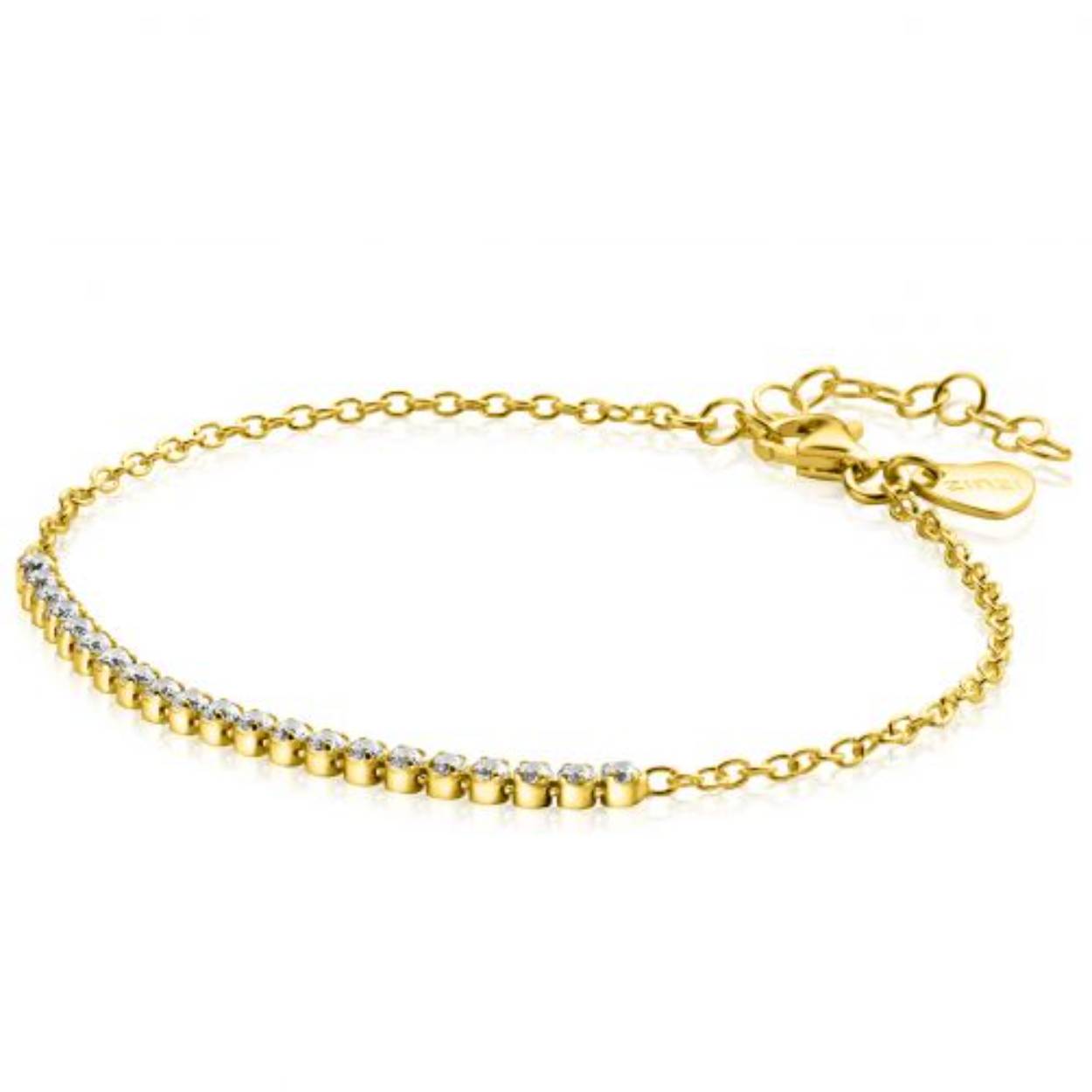 De Zinzi armband ZIA2370Y is een elegante goudkleurige armband voorzien van zirkonia en een doorsnede van 190 mm. Het is gemaakt van verguld materiaal en heeft een stevige breedte van 2 mm. Perfect om alleen te dragen voor een subtiele glans of in combinatie met andere sieraden voor een trendy gelaagde look.
