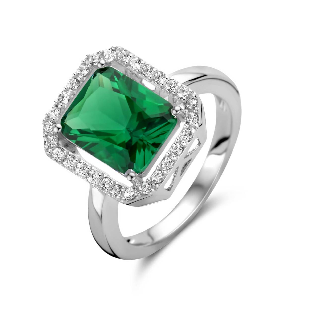 Gerhodineerd 925 zilveren ring uitgevoerd met een synthetische smaragd en zirkonia.