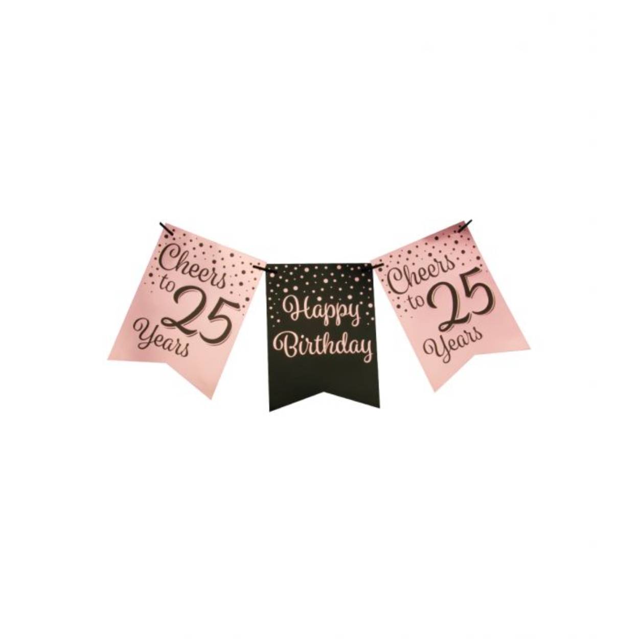De rose/black party flag banners maken goede sier op een feestje zoals bijvoorbeeld een jubileum, maar ook op een verjaardagsfeest zoals deze rose/black party flag banner met opdruk 25. Door de gebruikte kleuren hebben deze flag banners een luxe maar toch feestelijke uitstraling! De vlaggetjes zijn gemaakt van folie met een bedrukking aan beide kanten