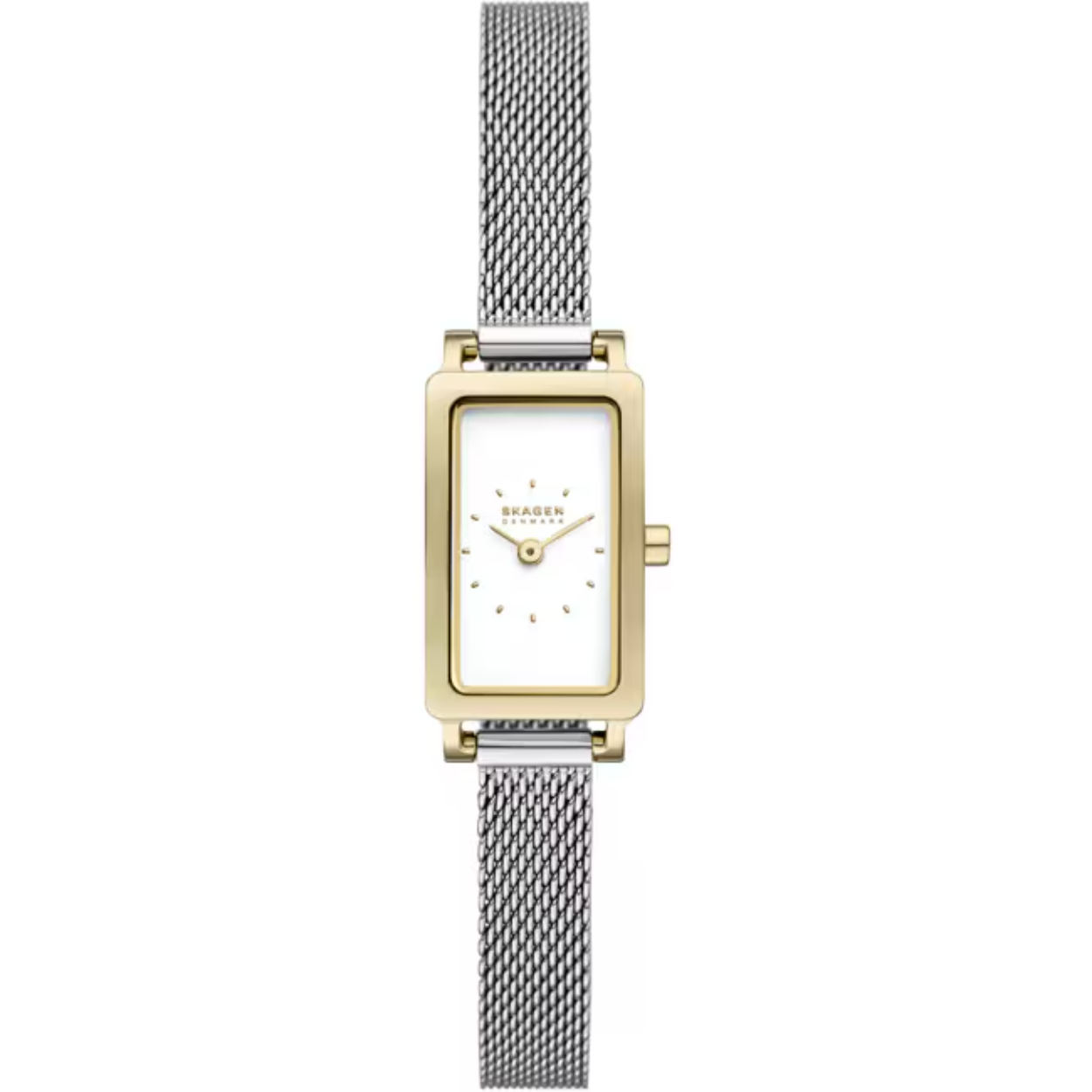 Deze Hagen Micro van 30[nbsp]mm heeft een witte glanzende wijzerplaat, een uurwerk met twee wijzers en een zilverkleurige roestvrijstalen armband.
