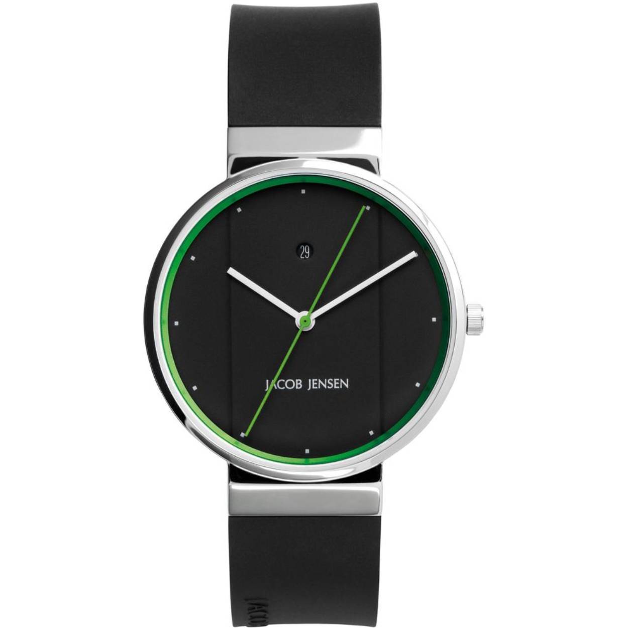 Dit Jacob Jensen herenhorloge is van edelstaal en de horlogeband is van mooi zwart siliconen. Dit horloge heeft een quartz uurwerk waarop de tijd analoog wordt weergegeven. De kleur zwart van de wijzerplaat van deze Jacob Jensen New Line 757 past perfect bij dit model. Het materiaal glas van dit uurwerk is mineraal glas.