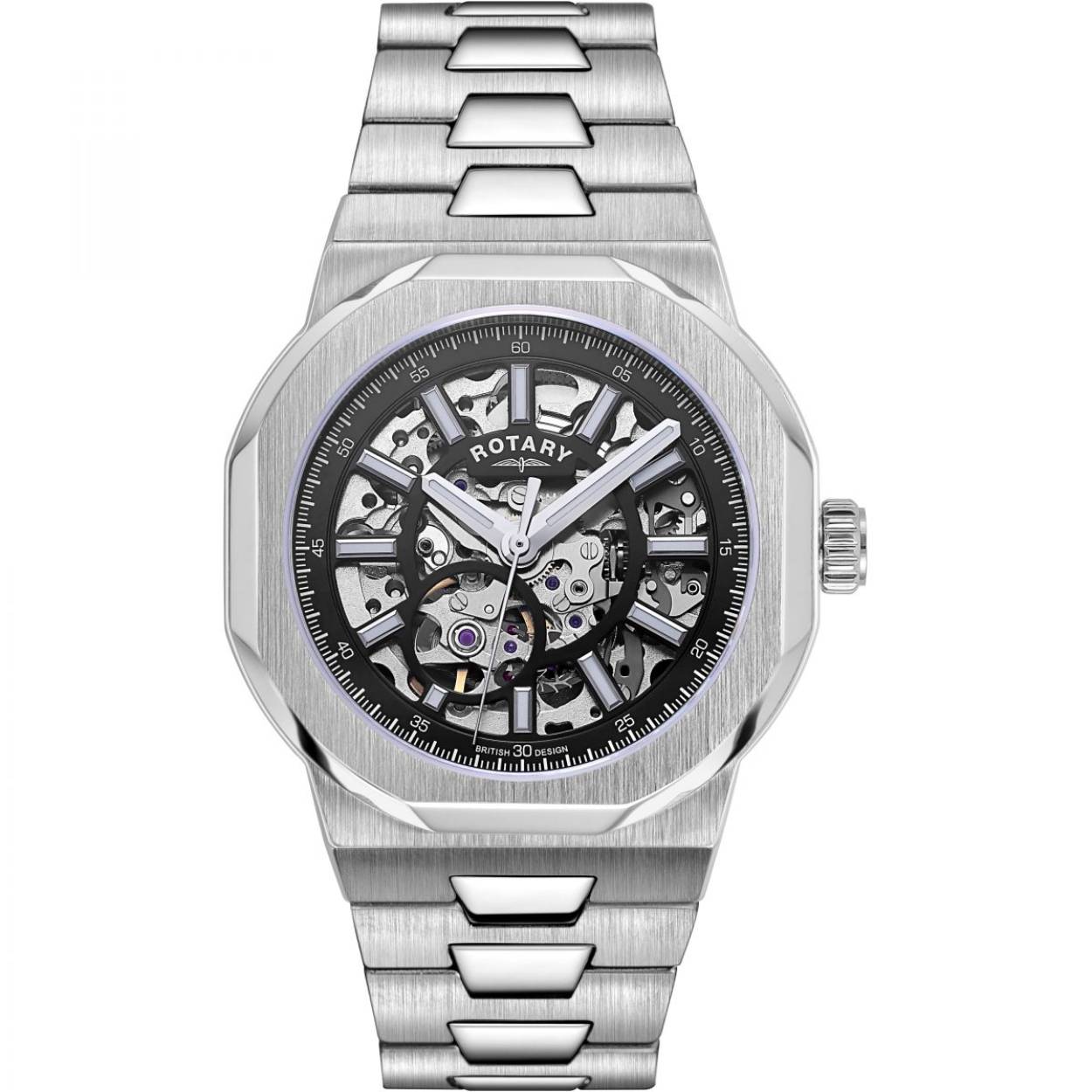 What is achieved when assertive and modern design is integrated with a curiosity for reinvention? This watch from our Regent collection masterfully brings together playfulness, adventure with a classic look. Regent's trademark design is a multi-facetted brushed Steel 40mm case housed within a circular dial and a tapered H link bracelet. Showcasing a skeleton dial in black, the piece features an inner minute tracker and an eye catching shaped 'cage' structure that creates additional space and light surrounding the self-winding movement. Regent is powered by an automatic Miyota 8n24 movement, featuring an exposed case. All models utilise sapphire glass, known for its durability and scratch resistance.