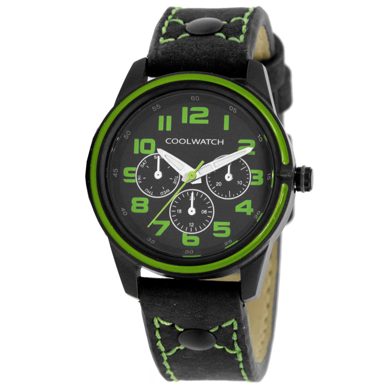 Coolwatch 252 jongens horloge edelstaal 

Algemeen
Geslacht: jongens
Model: CW.252

Voordelen
- band echt leer zwart (groen kleurig stiksel)
- wijzerplaat zwart met groene cijfers (arabisch)
- duidelijke tijdsweergave
- spat waterdicht: handenwassen, regen
- quartz
- maat kast 32mm (breedte) 9mm (dikte)

Product achtergrond
Jack houdt van leer, edelstaal, sportief en uitgesproken. Al deze elementen vind je terug in het Coolwatch horloge dat hij draagt. Een horloge met grote cijfers en verkrijgbaar in uitgesproken kleuren.