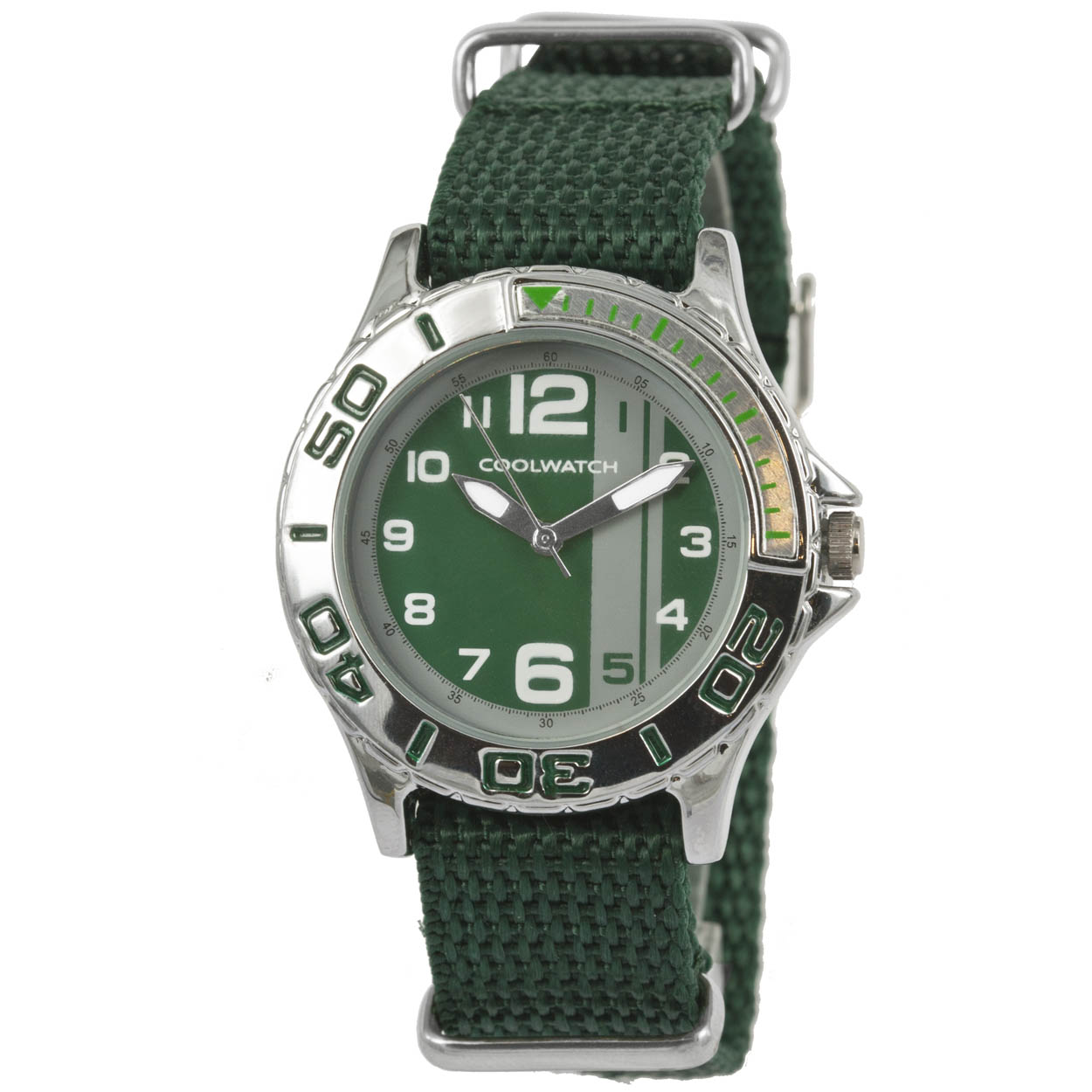 Coolwatch 1588 jongens horloge 

Algemeen
Geslacht: jongens
Model: P.1588

Voordelen
- trendy nato band
- band canvas groen
- wijzerplaat zilver met witte cijfers (arabisch)
- extra harde duurzame laag
- duidelijke tijdsweergave
- spat waterdicht: handenwassen, regen
- quartz
- maat kast 36mm (breedte) 10mm (dikte)