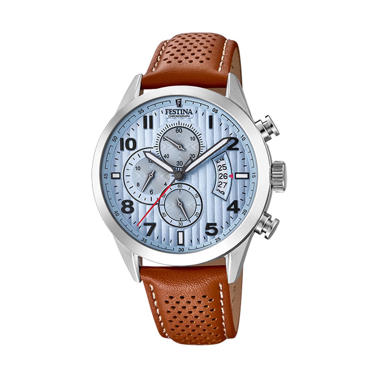Een chronograaf heren horloge met zilverkleurige stalen kast en bruine lederen band.