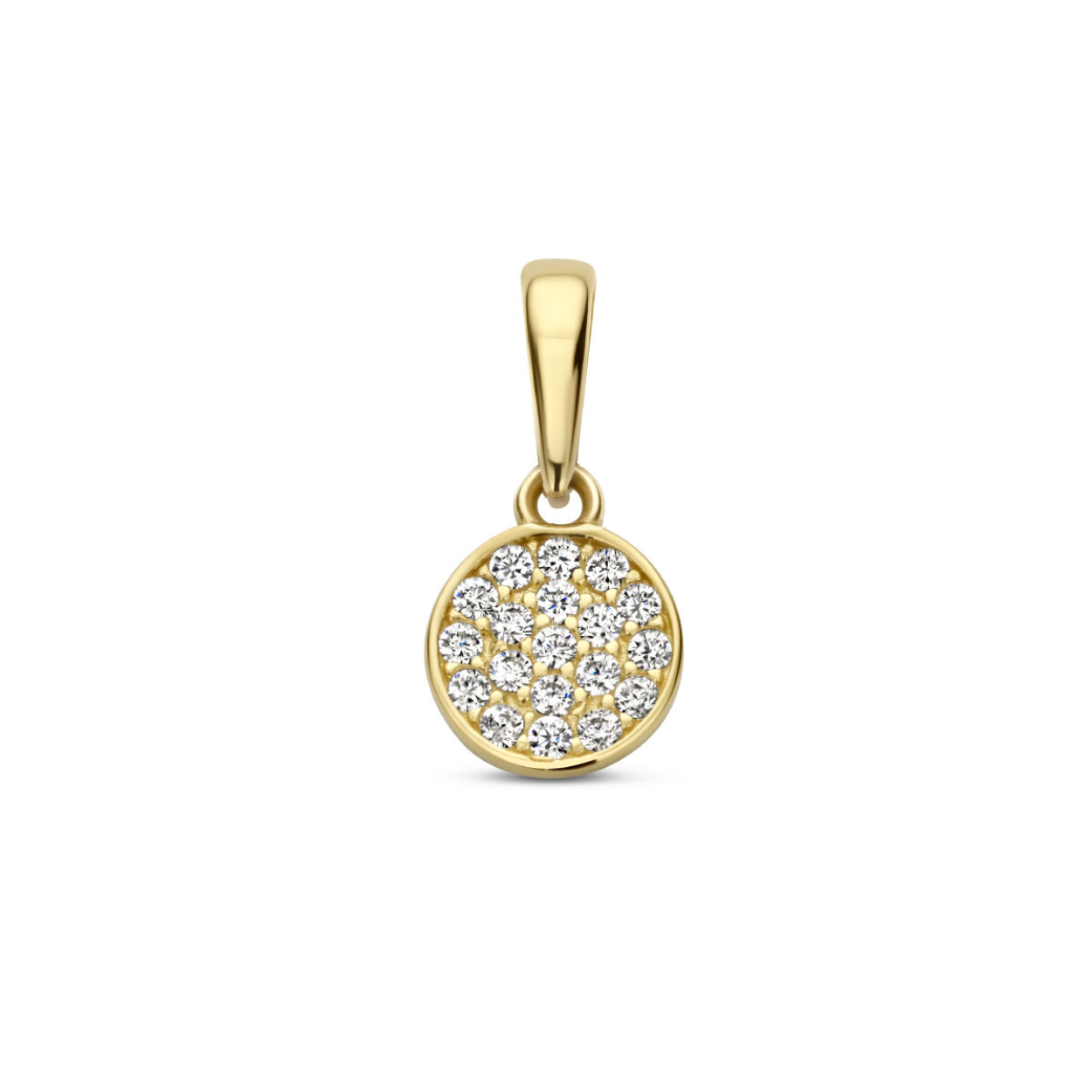 14k Geelgouden ronde hanger uitgevoerd met schitterende zirkonia.