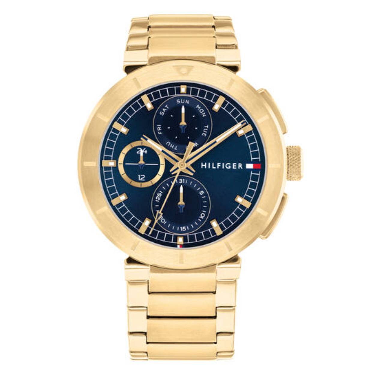 Tommy Hilfiger TH1792118 Horloge Heren Staal Goudkleurig 44mm
Dit specifieke horloge van Tommy Hilfiger uit de Lorenzo serie met artikelnr: TH1792118 is een luxe herenhorloge die niet in je collectie mag ontbreken. Het stalen herenhorloge heeft een ronde goudkleurige kast met een bewerkte bezel en een blauwe sunray wijzerplaat met dag,- datum, en 24-uursaanduiding. De uren worden weergegeven met lumibrite. De goudkleurige schakelband is met een speciale aanzet aan de kast bevestigd, is op lengte verstelbaar en heeft een vouwsluiting. Het horloge heeft een mineraalglas, een doorsnee van 44mm en is 5ATM.  

Het merk:
Sinds de lancering van het merk in 1985 is Tommy Hilfiger wereldwijd bekend geworden als pionier van de klassieke Amerikaanse coole stijl. Geïnspireerd door de iconische popcultuur en het Amerikaanse erfgoed. De dames en herencollectie van dit seizoen bestaan uit minimalistische silhouetten en rustieke lederen details. De herenhorlogecollectie biedt iconische uurwerken met roestvrijstalen, lederen en siliconen banden.

Specificaties:
- Mineraalglas
- Ronde kast 44mm
- Goudkleurige horlogekast
- Blauwe wijzerplaat 
- Goudkleurige schakelband 
- 5ATM