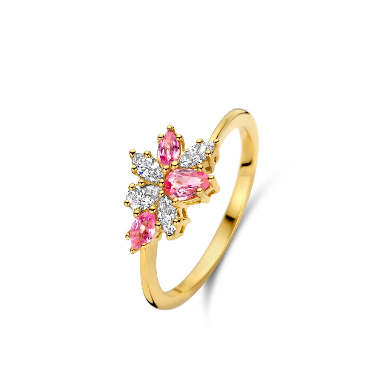 Naiomy Gold ring goud 18k
Gezet met: 
1 diamant peervormig 0.080ct
3 diamanten marquise 0.160ct
2 Roze saffier 0.180 ct
1 Roze saffer 0.180 ct