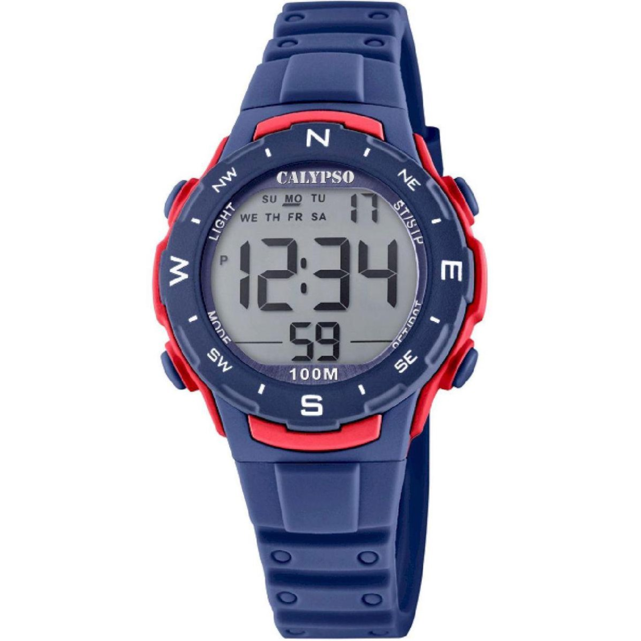 CALYPSO Blauw Digitaal Kinderhorloge met rode accenten K5801/4.
Horloge met datumfunctie en secondewijzer.