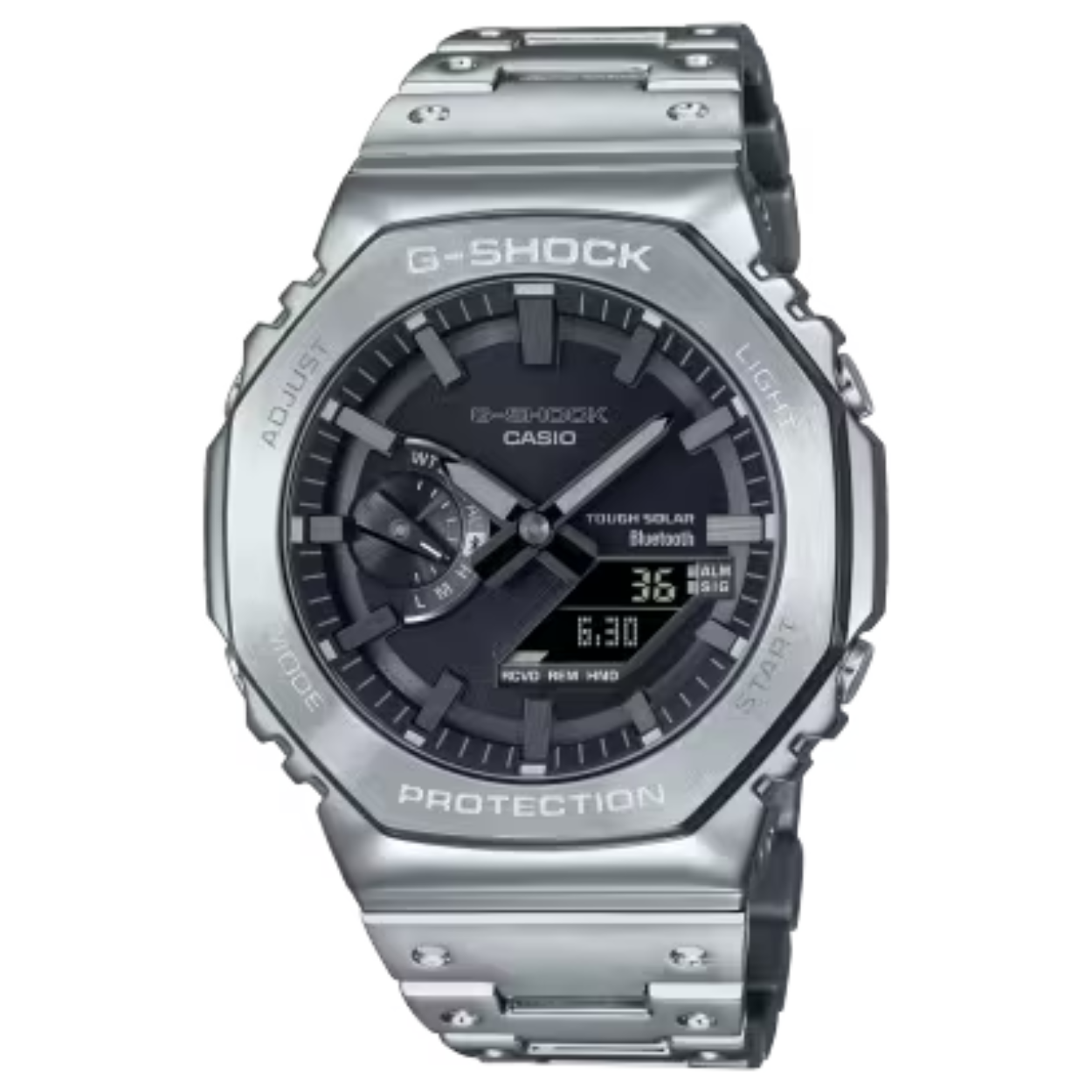 Het eerste volledig metalen horloge in de zich steeds verder ontwikkelende 2100-serie weerspiegelt de identiteit van de allereerste G-SHOCK DW-5000C als geen ander.

Met zijn verschroefde behuizing en roestvrijstalen lunette en armband heeft dit horloge een zeer hoogwaardig design, waarbij de module wordt beschermd door de iconische schokbestendige G-SHOCK-structuur van de behuizing. Met de achthoekige bezel en het gebogen bandontwerp van het origineel uit 1983 roepen we het begin van G-SHOCK in herinnering.

Het hoogwaardige productieproces van het analoog-digitale horloge maakt een vlakke vormgeving mogelijk en biedt toch een groot aantal belangrijke functies en een zeer hoog draagcomfort.
Als een connected horloge koppelt het horloge met een smartphone via Bluetooth®. Tik gewoon op de bijbehorende app om de tijd nauwkeurig bij te houden of andere functies te bedienen. De GM-B2100 serie is uitgerust met de milieuvriendelijke Tough Solar technologie, die alle functies, zoals de heldere LED verlichting, alarm of countdown timer, van stroom voorziet. Hij overtuigt niet alleen door zijn design en hoogwaardige afwerking, maar ook door zijn uitzonderljijke gebruiksvriendelijkheid.