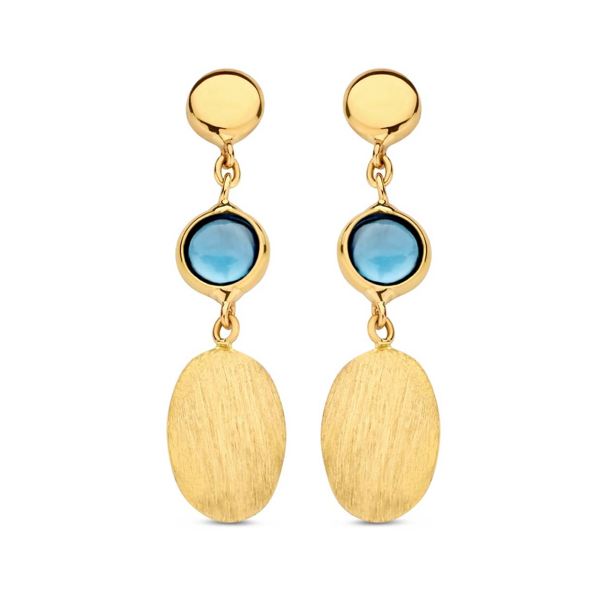 Geelgouden oorslingers met London blue topaas