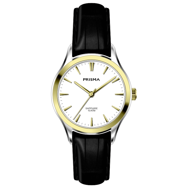 Prisma horloge 2014 dames edelstaal saffierglas 10 ATM 

Algemeen
Geslacht: dames
Model: P.2014

Voordelen
- band echt leer zwart
- wijzerplaat wit met zilvere streepjes
- boven gem. waterdicht: zwemmen/duiken
- glas is zeer krasvast
- quartz
- maat kast 27,06mm (breedte) 7,6mm (dikte)