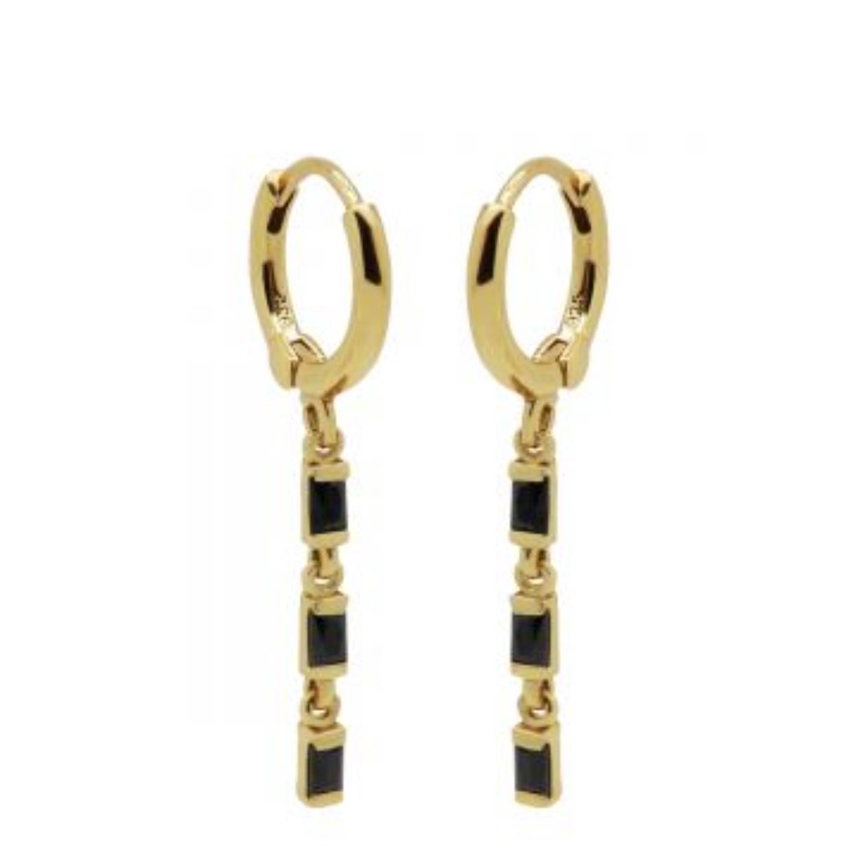 Hinged Hoops Triple Dangling Baguette BLACK Goldplated