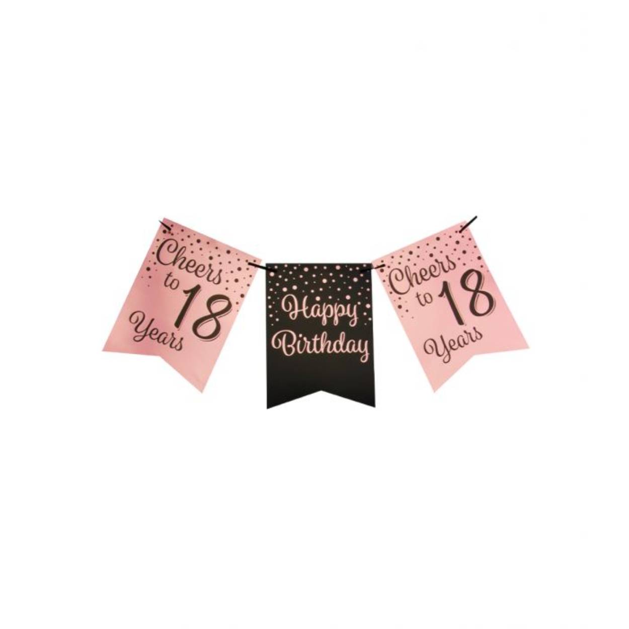 De rose/black party flag banners maken goede sier op een feestje zoals bijvoorbeeld een jubileum, maar ook op een verjaardagsfeest zoals deze rose/black party flag banner met opdruk 18. Door de gebruikte kleuren hebben deze flag banners een luxe maar toch feestelijke uitstraling! De vlaggetjes zijn gemaakt van folie met een bedrukking aan beide kanten 