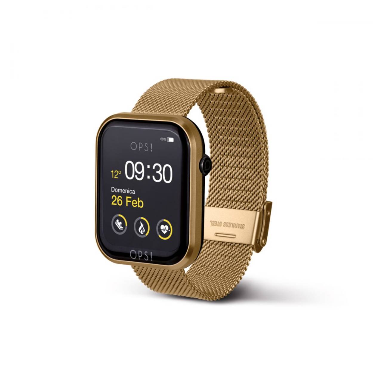 Smartwatch met aluminium en ABS kast en metalen band. Kastafmetingen 44x37x13 mm met 1,83-inch full-touch kleurenscherm. Binnenomtrek band: 180 mm tot 140 mm. Stalen gespsluiting.

Functies:
oproepwaarschuwing en melding, stappenteller, polsdetectie, calorieën, afstand, stopwatch, freq. Hartslag, bloeddruk, oxygenatie, timer, slaapmonitor, wekker, sedentaire herinnering, sport, drankwaarschuwing, afstandsbediening voor muziek, weer, shot, smartphone zoeken, aanpasbare achtergrond.