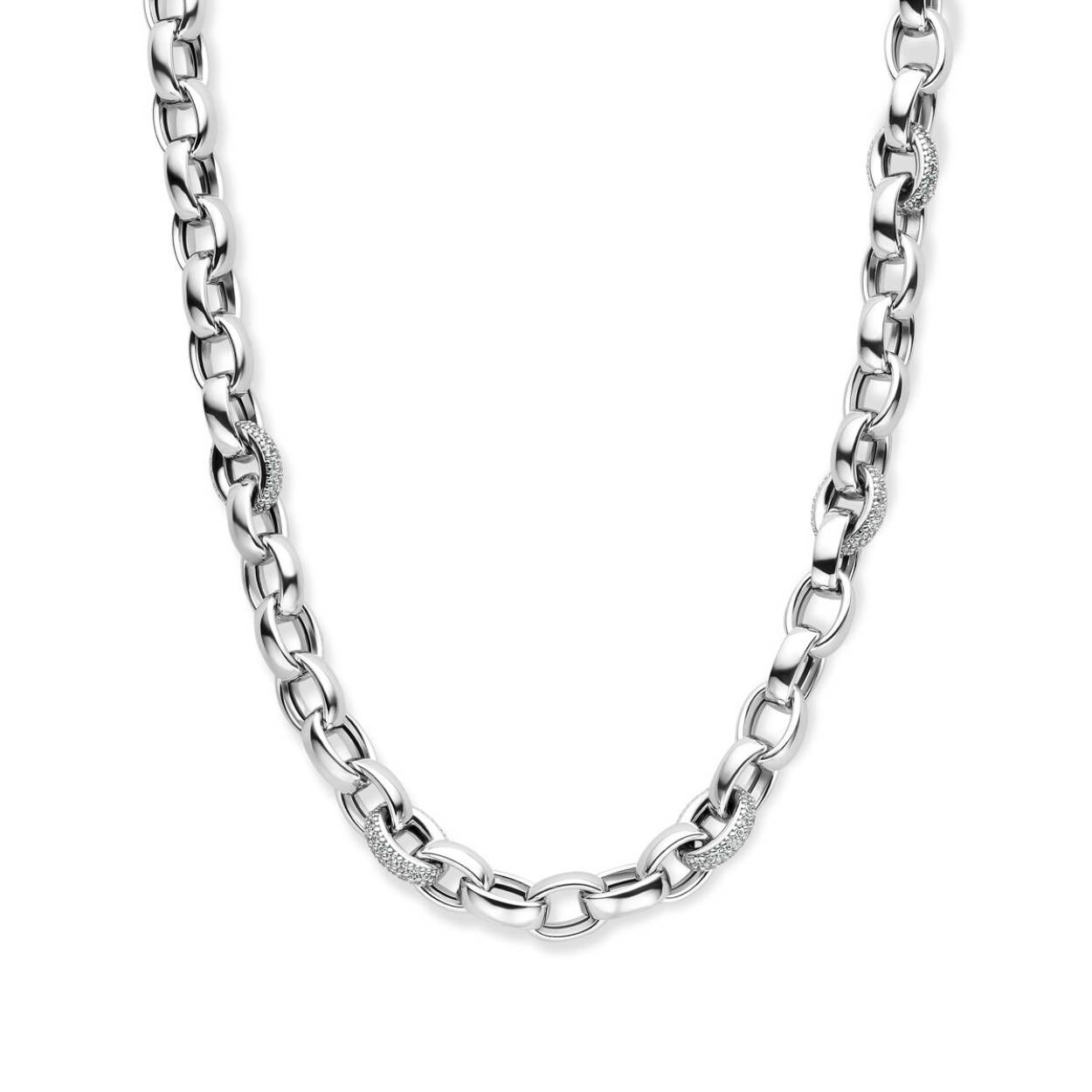 Gerhodineerd 925 zilveren collier uitgevoerd met zirkonia cirkels. Het collier heeft een draaglengte van 45cm en schakelbreedte van 7.5mm. Uitgevoerd met karabijnsluiting.

