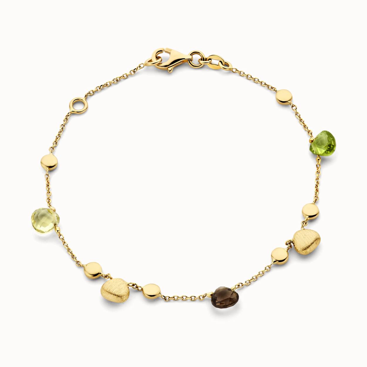 Geel gouden armband met druppelvormige rookkwarts, prasioliet en peridot
