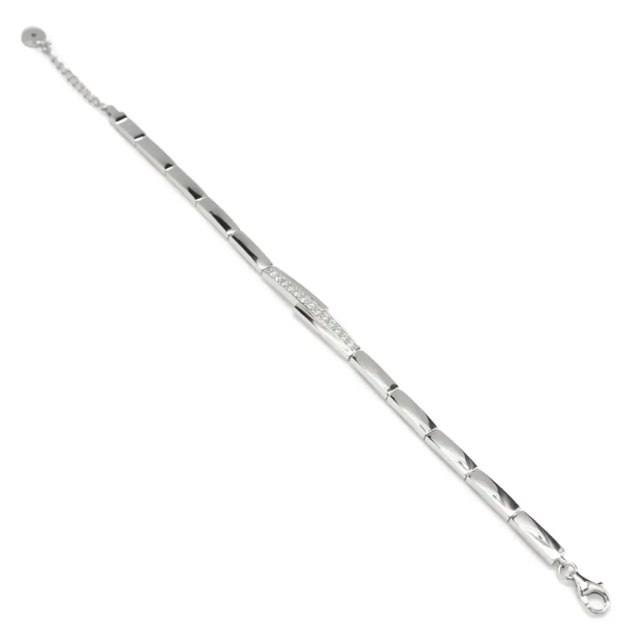 Shiny silver bracelets for women. A shiny silver bracelet made up of a central part of unfinished bands of smooth silver and a central rail of gem-set zirconias that will make you shine even more!