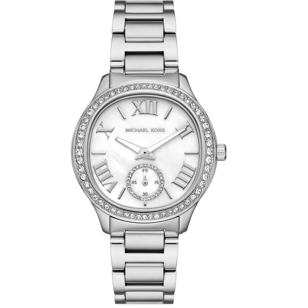 Michael kors dames horloge. Stalen band en kast. Parelmoer kleurige wijzerplaat met zirkonia op de bezel. 
