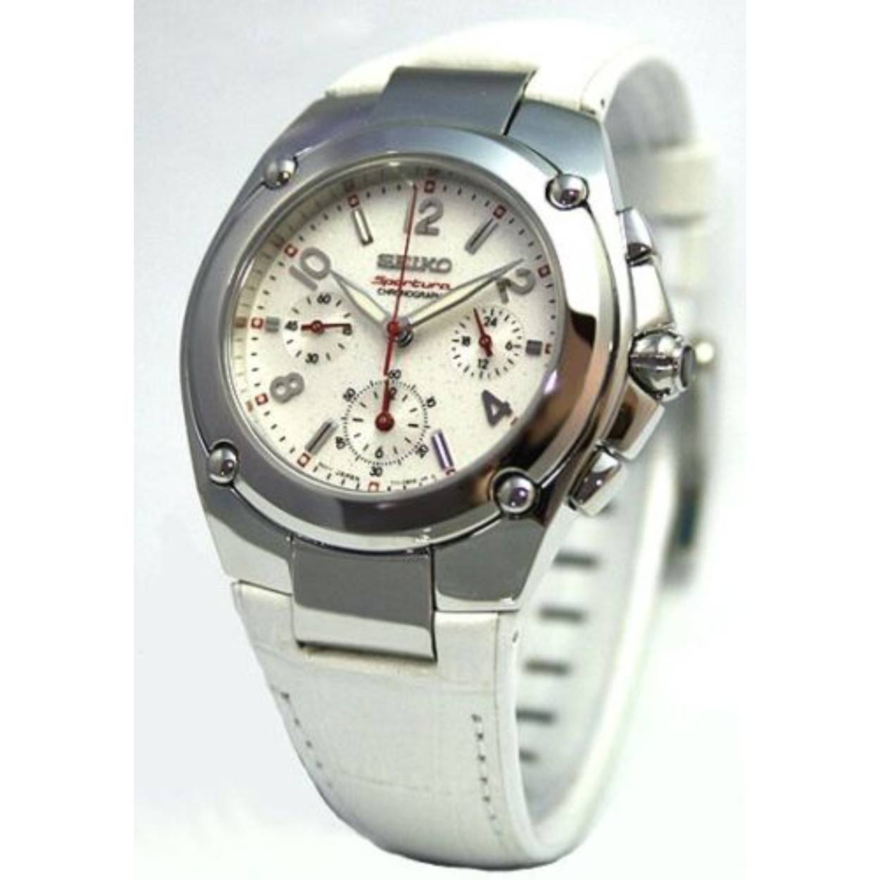 seiko dames polshorloge, witte leren band. Minuten, 24 uurs, sec wijzers