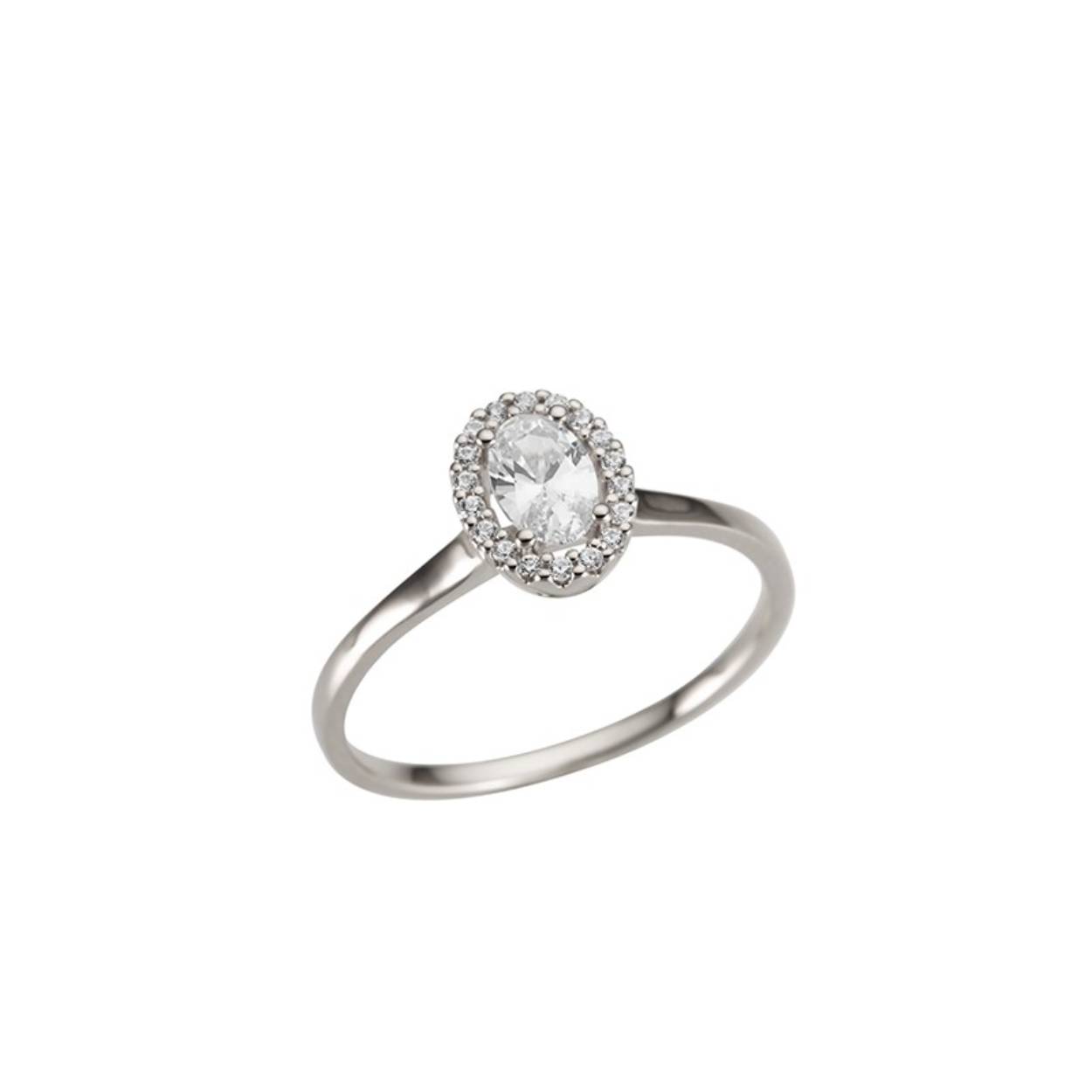 Wit gouden ring (18 kt) met zirkonium
Solitair model (ovaal)
Bijhorende hanger ook verkrijgbaar
De prijs kan variëren naargelang de goudprijs