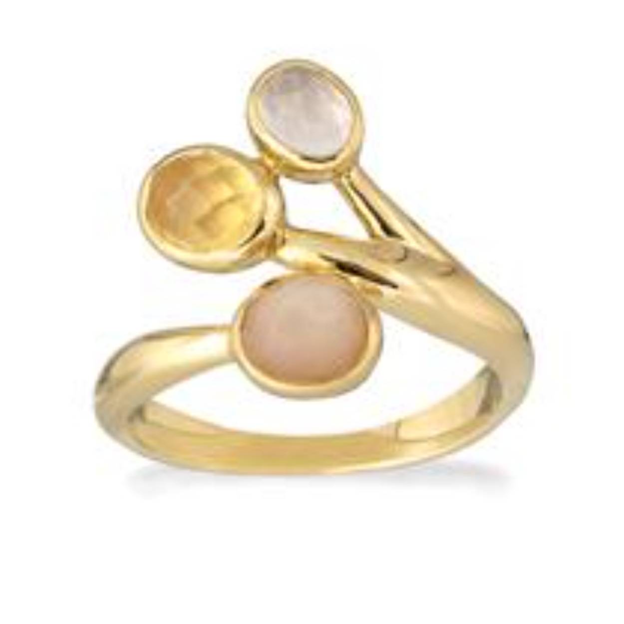 Deze geel goud vergulde sterling zilveren ring bestaat uit een 5 x 4 mm rozenkwarts, 6 x 5 mm Citrien, 6 x 5 perzik maansteen.