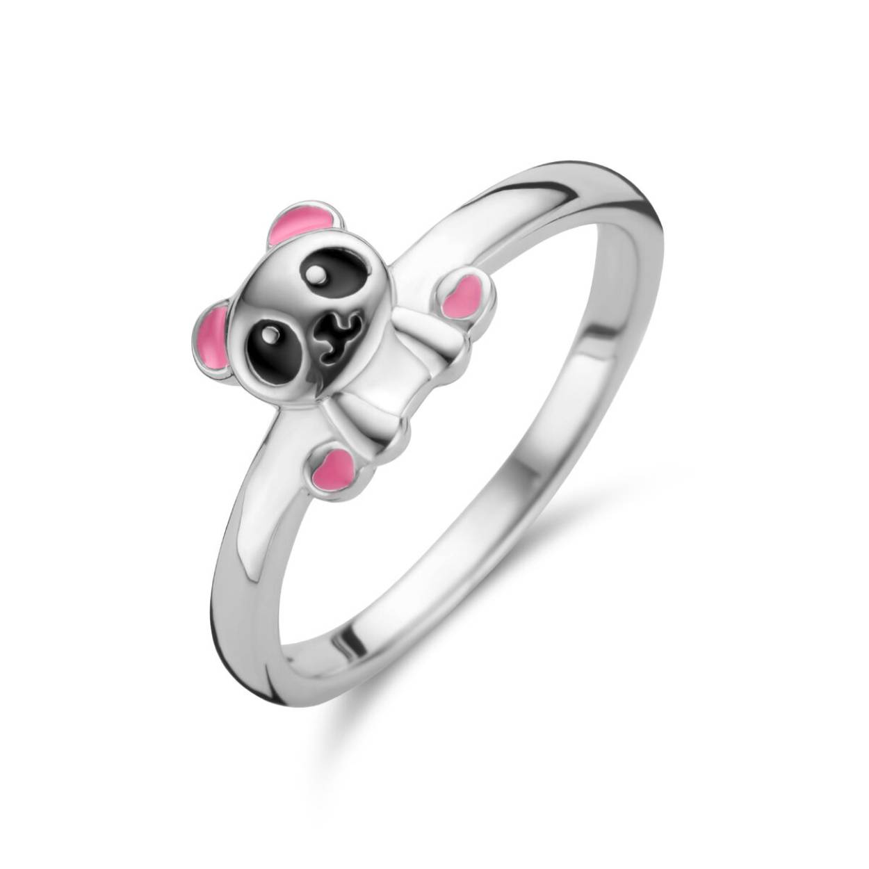 Gerhodineerd zilveren ring uitgevoerd met een panda. De ring heeft een breedte van 6.5mm.