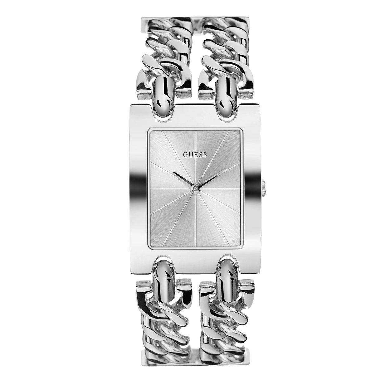 Het stalen GUESS Heavy Model is een iconisch dameshorloge binnen de GUESS collectie en valt direct op door haar aparte rechthoekige vorm en bijzondere schakelband met de unieke GUESS schakels en sluiting. De kast heeft een diameter van 30 mm en de band heeft een lengte van 18,4 cm. Dit horloge is voorzien van een G-link sluiting, dat betekend dat het horloge makkelijk verstelbaar is door schakels uit te klikken.  Model: W1117L1.