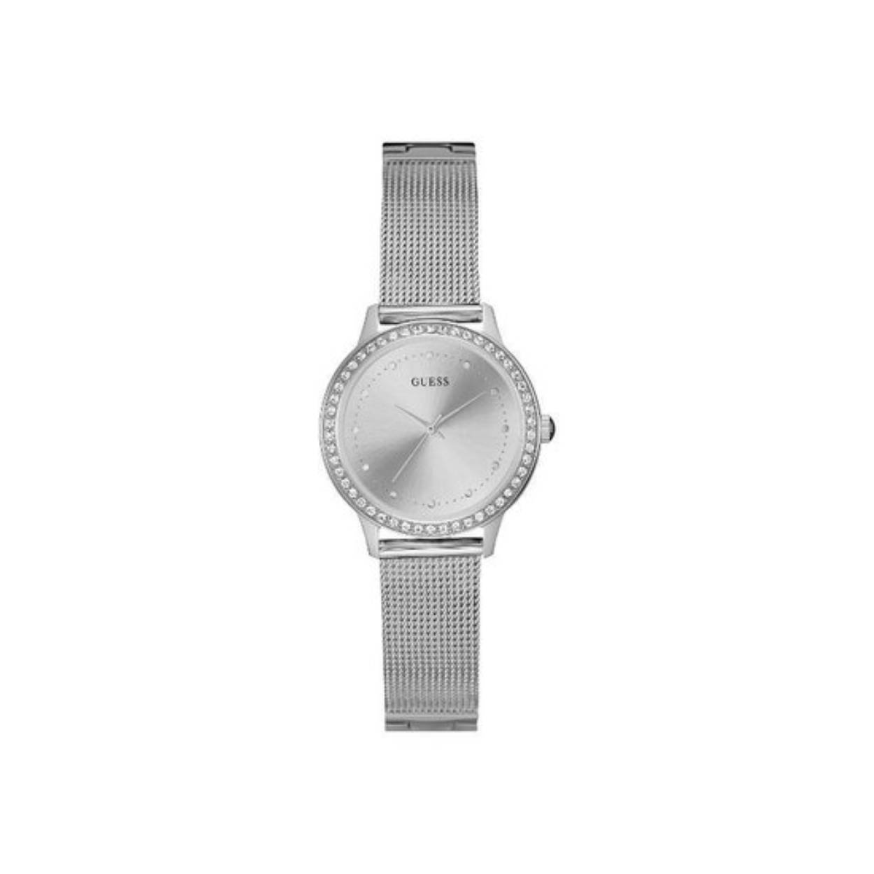 Guess dameshorloge met zilveren wijzerplaat en steentjes rondom de kast. Het horloge heeft een meshband en is 5 ATM waterdicht.