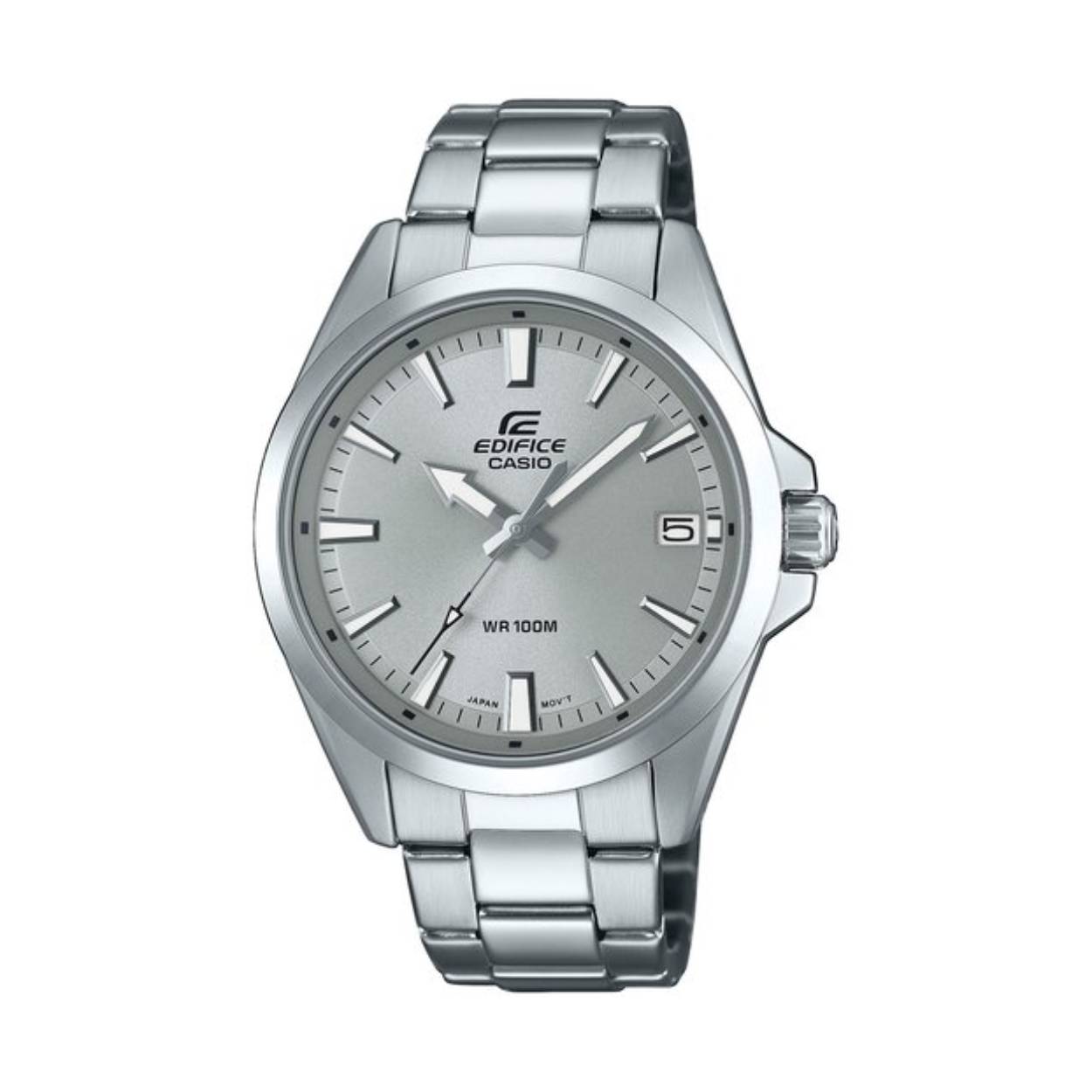 De CASIO EDIFICE EFV-100D-8AVUEF is een stijlvol horloge met een klassieke uitstraling en moderne functies. Dit horloge heeft een analoge tijdaanduiding en een quartz uurwerk, wat zorgt voor een nauwkeurige en betrouwbare tijdmeting.

Met een diameter van 42 mm en een hoogte van 11 mm heeft dit horloge een stoere en robuuste uitstraling. De ronde zilverkleurige behuizing is gemaakt van hoogwaardig roestvrij staal, wat zorgt voor duurzaamheid en een luxe uitstraling.

De grijze wijzerplaat is duidelijk afleesbaar en wordt beschermd door mineraalglas, wat het horloge extra krasbestendig maakt. De zilverkleurige roestvrij stalen band zorgt voor een comfortabele pasvorm en een elegante uitstraling.

Dit horloge is voorzien van een handige datumweergave en is waterdicht tot 10 bar, waardoor je er mee kunt zwemmen zonder zorgen. De vlinder- of vouwsluiting zorgt ervoor dat het horloge stevig om je pols blijft zitten en makkelijk te openen en sluiten is.