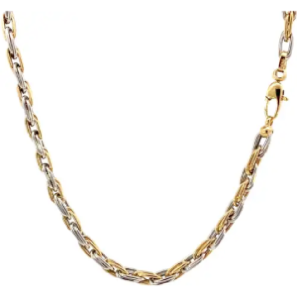 Details van het product
Merk	Monzario
Model	1015
Lengte	45 cm
Breedte	4.8 mm
Afwerking	Glanzend
Schakeltype	Anker ovaal
Materiaal	Bicolor (geel goud met witgoud)
Zuiverheid	14 krt.