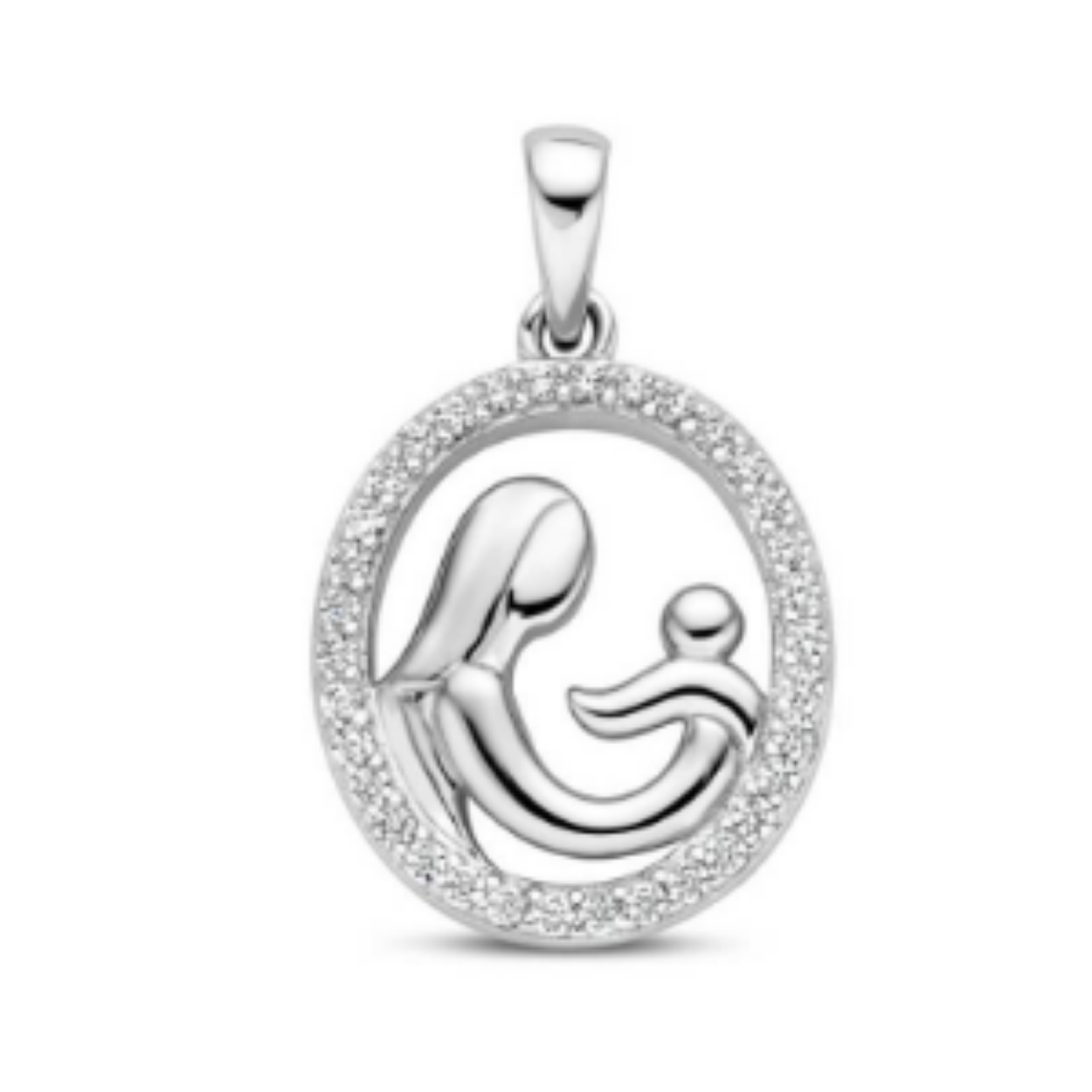 Gerhodineerd 925 zilveren hanger uitgevoerd met een moeder en baby afbeelding. De hanger heeft een totale hoogte van 2.5cm.